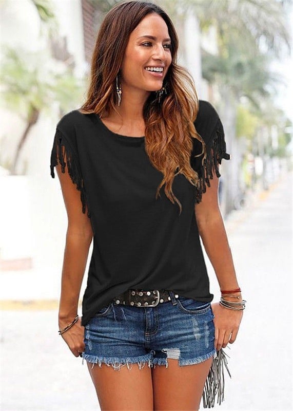 Tricou de damă cu franjuri negru XS