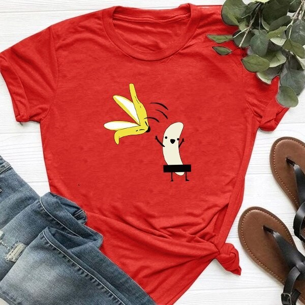 Tricou de damă cu imprimeu amuzant de banane roșu S