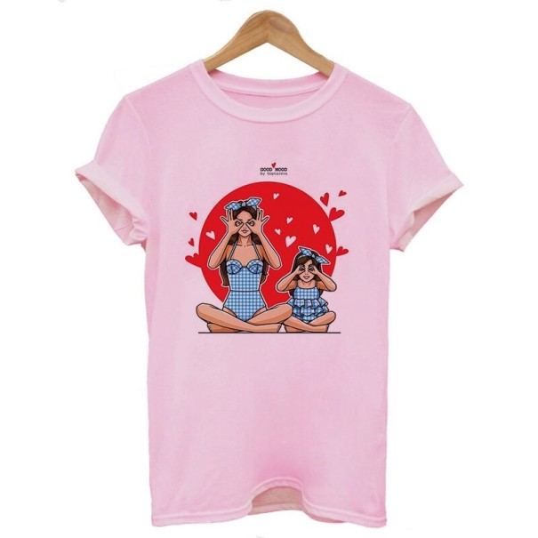 Tricou de damă cu imprimeu de mamă și fiică roz XS