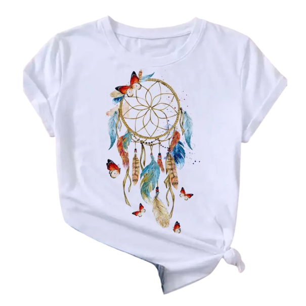 Tricou de damă cu imprimeu Dreamcatcher Mâneci scurte Decolteu rotund Fluturi și pene Croială lejeră Confortabil pentru ținute casual și de relaxare alb M
