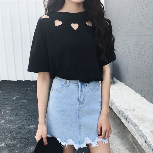 Tricou de damă cu inimi decupate negru XL