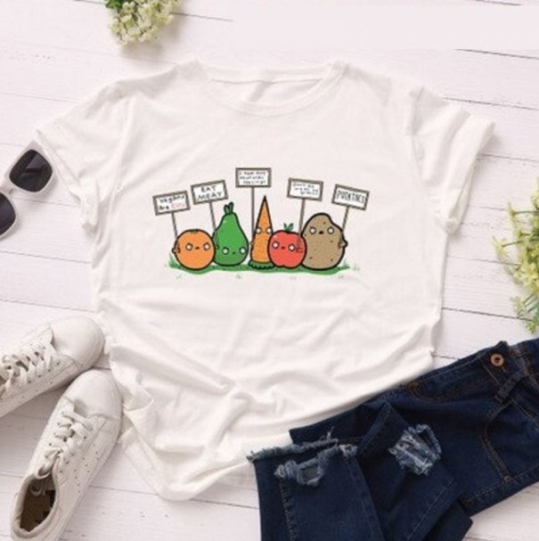 Tricou de damă cu legume imprimate alb S