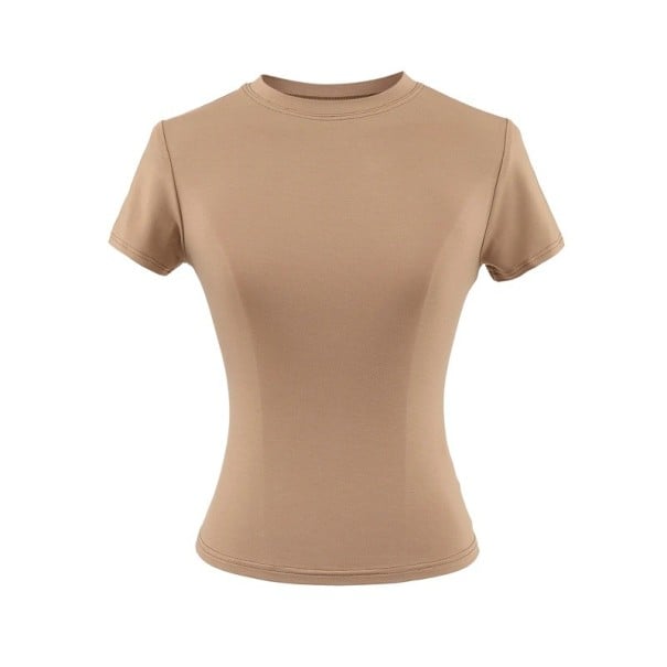 Tricou de damă cu mânecă scurtă, croială slim fit, decolteu rotund simplu, top elastic elegant pentru ținute casual, tricou maro M