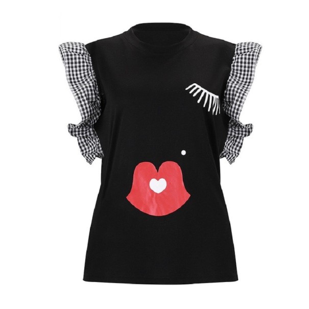 Tricou de damă cu mâneci cu volane B182 negru XL