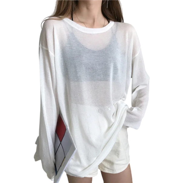 Tricou de damă cu mâneci lungi translucide Croială lejeră de vară Material ușor și vaporos Top elegant, de bază, pentru a fi purtat în straturi sau individual alb L