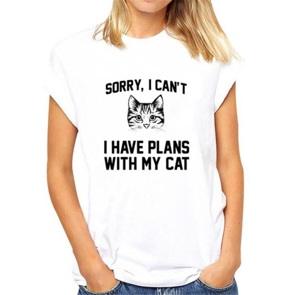 Tricou de damă cu pisică B102 alb XS