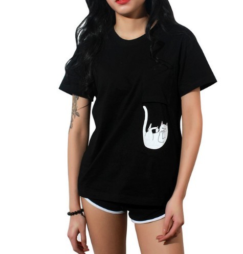 Tricou de damă cu pisica care căde J1796 negru M