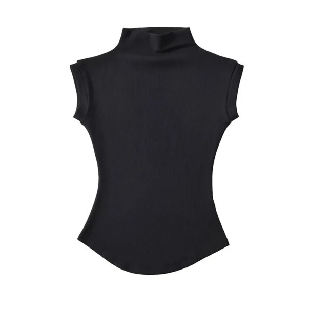 Tricou de damă fără mâneci, cu guler înalt, croială slim fit, bluză la modă pentru serviciu și seară negru S