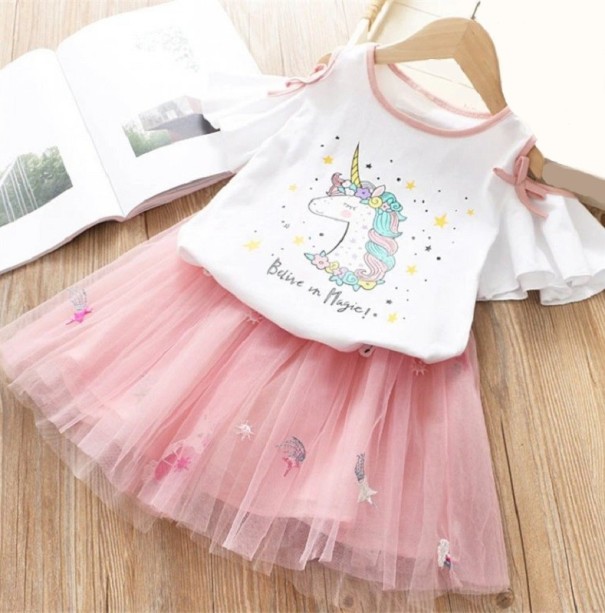 Tricou de fată cu unicorn și fustă L1435 alb 6