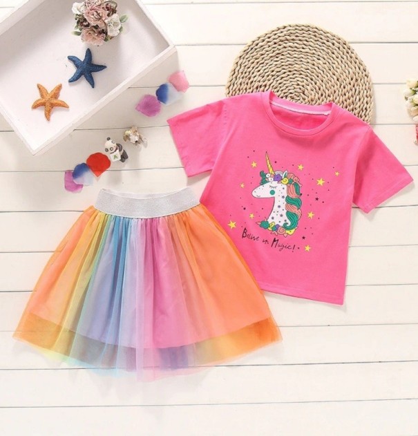 Tricou de fată cu unicorn și fustă L1436 roz închis 4