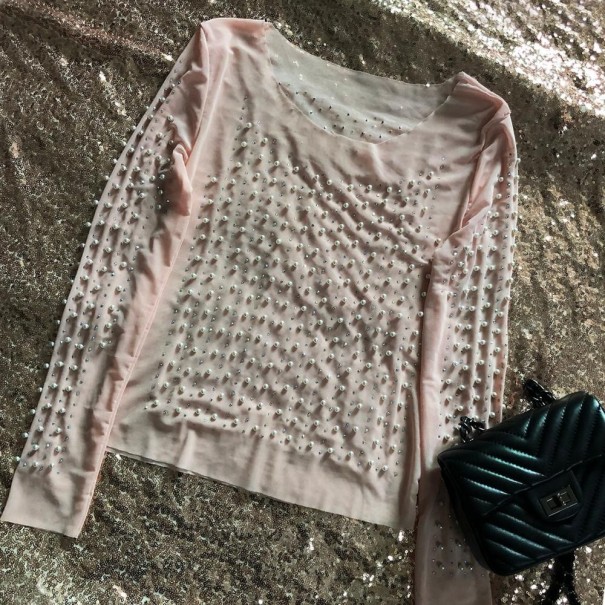 Tricou de femei translucid cu perle alb S