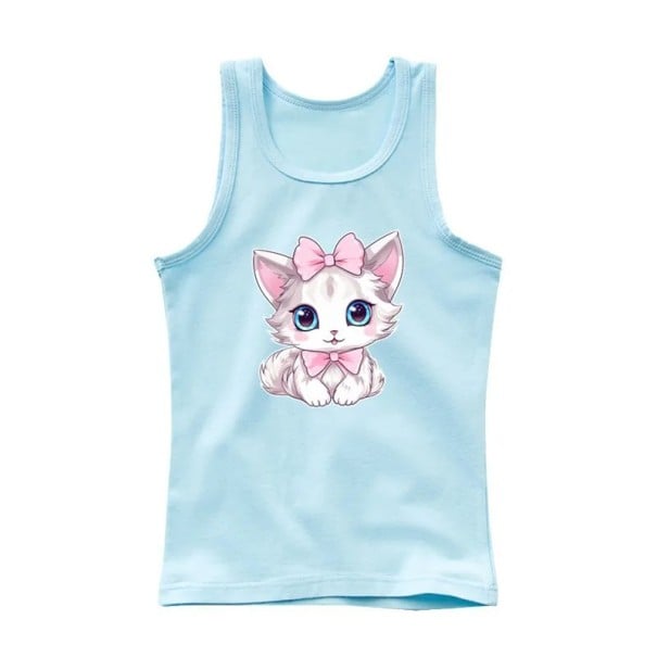 Tricou de vară pentru fete fără mâneci 100% bumbac Tricou simplu cu pisică desenată Top drăguț pentru prințese pentru copii Confortabil albastru 10