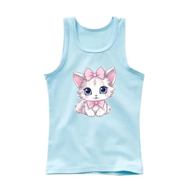 Tricou de vară pentru fete fără mâneci 100% bumbac Tricou simplu cu pisică desenată Top drăguț pentru prințese pentru copii Confortabil în culori variate albastru 8