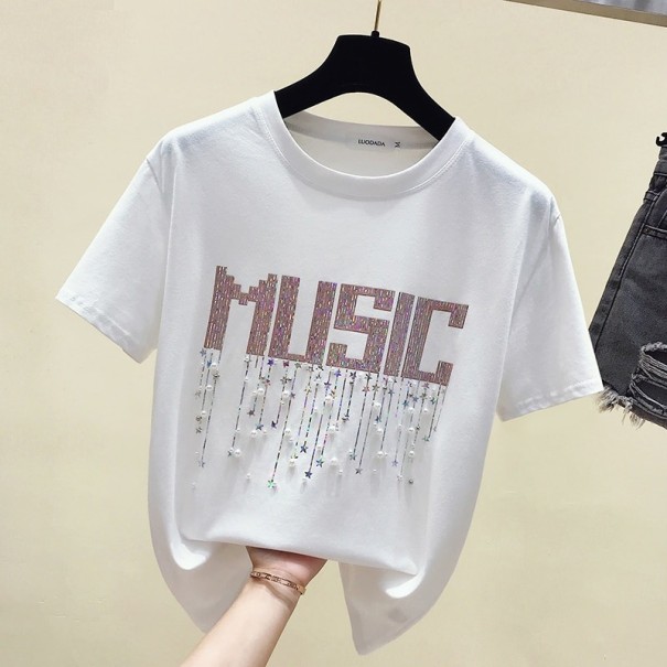 Tricou decorat pentru femei, cu imprimeu muzical alb XS
