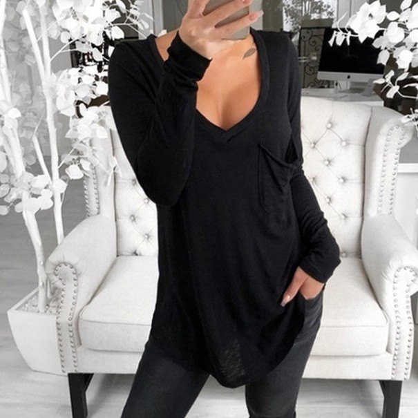 Tricou lung de damă cu buzunar negru XL