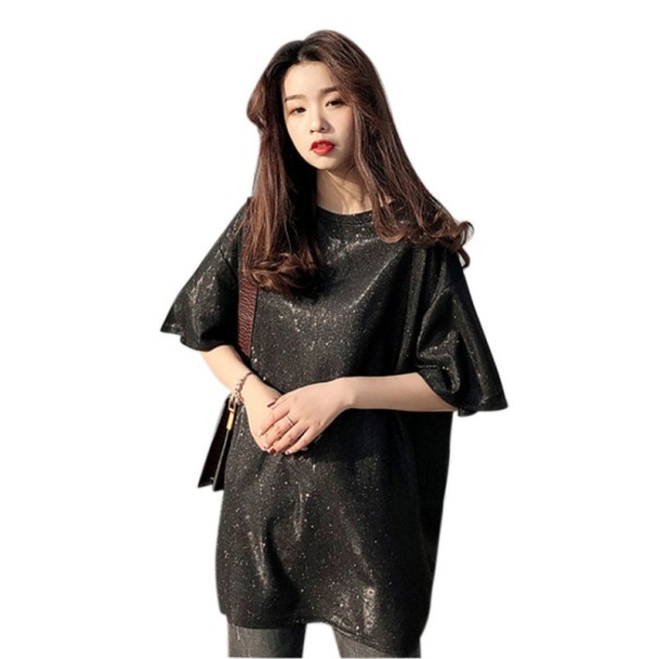 Tricou lung strălucitor pentru femei negru M