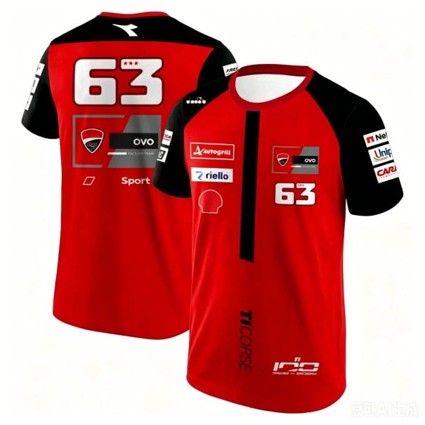 Tricou roșu pentru bărbați cu mânecă scurtă în stil de echipament de curse cu numărul 63 pe spate și pe piept și mâneci raglan negre M
