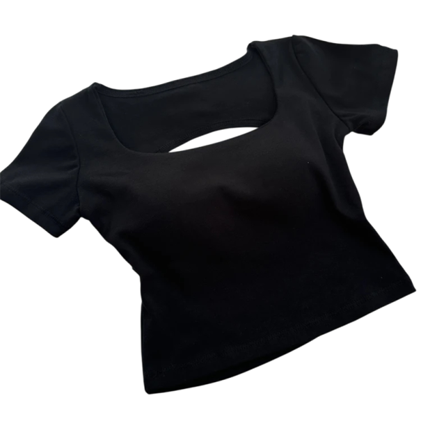 Tricou scurt de damă cu decupaj la spate Bretele decorative Tricou elastic cu decupaj Top elegant cu mânecă scurtă negru