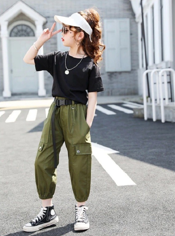 Tricou și pantaloni pentru fete L1498 verde armată 4