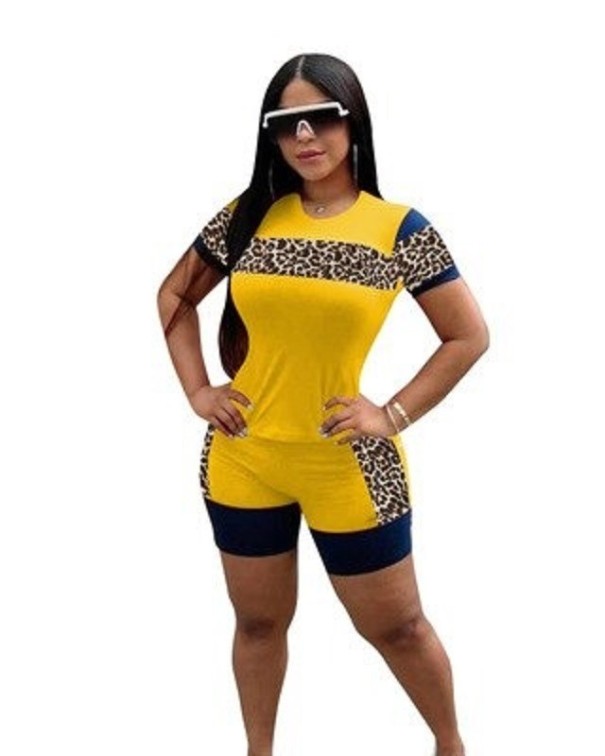 Tricou și pantaloni scurți de femei leopard B979 galben S