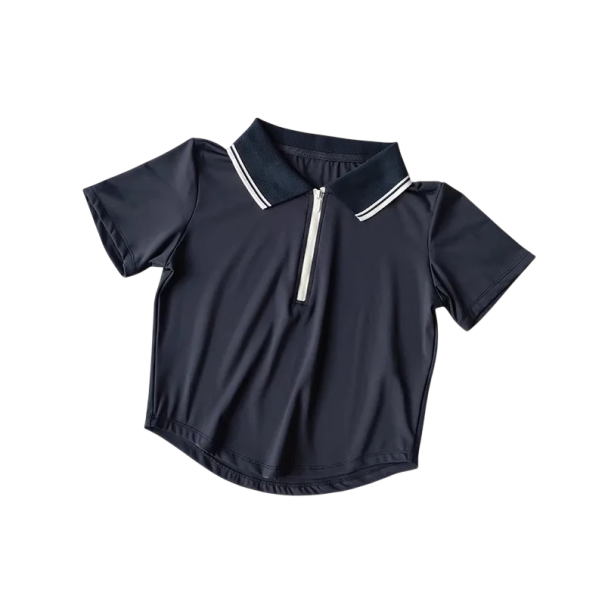 Tricou sportiv pentru femei cu guler și fermoar frontal cu mânecă scurtă, tricou funcțional elastic pentru sport și activități albastru inchis L