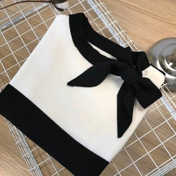 Tricou tricotat pentru femei, cu o panglică alb L