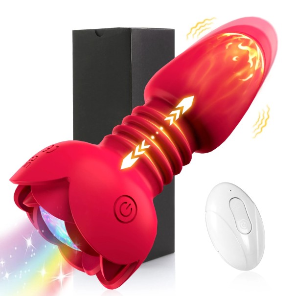 Trillende siliconen buttplug in de vorm van een raket met afstandsbediening, bewegend onderdeel en reactie op omgevingsgeluiden. Discrete verpakking. rood