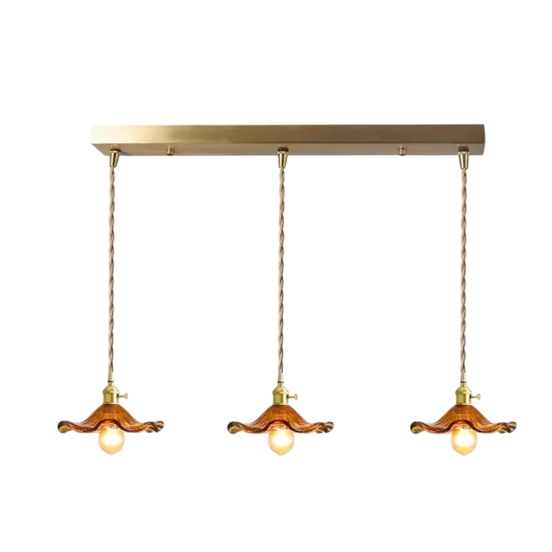 Trojité závěsné svítidlo retro stínidla ve tvaru květu základna 80 cm průměr 23 cm výška 12,5 cm kabel 100 cm sklo kov nad jídelní stůl oranžová