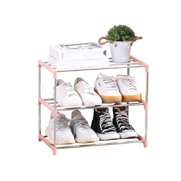 Trojvrstvový botník 43 x 26 x 38 cm Plastový stojan na topánky z PP a pozinkovanej ocele Stabilný odkladací regál do predsiene a domácnosti ružová