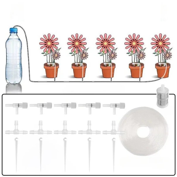 Tropfbewässerungsset 5 m Druckloses Wasser Siphonprinzip Blumentopfbewässerung Einstellbare Tropfer Schlauchfilter für PET-Flasche 1