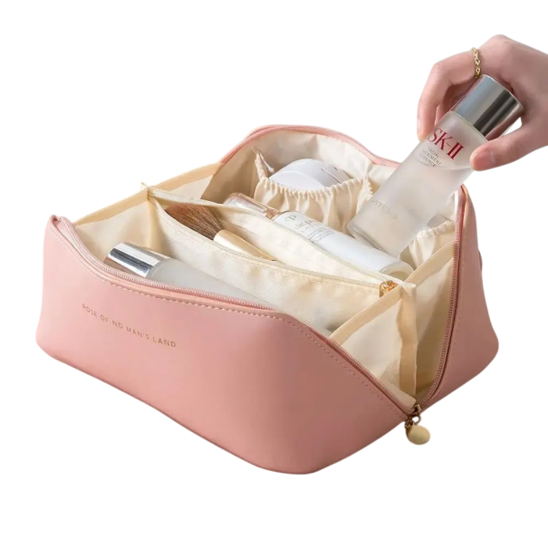 Trousse de maquillage de voyage 23,5 x 11,5 x 12,5 cm pour femme, trousse de toilette en polyester avec fermeture éclair rose