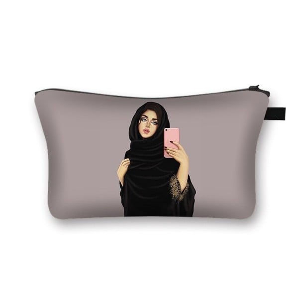 Trousse de maquillage pour femmes avec imprimé de femme en hijab. Étui en polyester pour le maquillage et les petites affaires avec fermeture 12