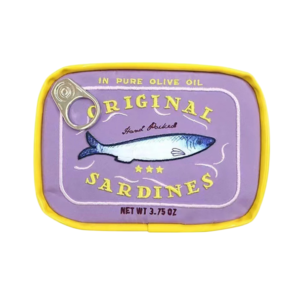 Trousse de maquillage sardines en conserve 17,5 x 11,5 x 4,5 cm Sac de voyage en PU pour femmes avec fermeture éclair Trousse de toilette créative et mignonne pour les vacances violet