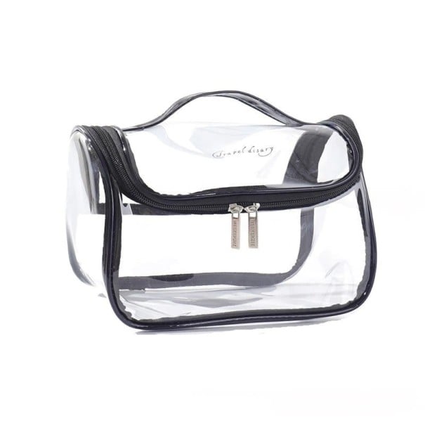 Trousse de maquillage transparente pour femmes avec poignée Fermeture éclair à deux curseurs Bords ourlés PVC transparent Forme rectangulaire 15 noir