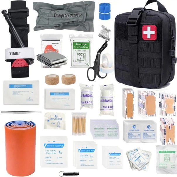 Trousse de premiers secours tactique de voyage pleine 22x10x17 cm Sac à dos médical étanche avec éléments réfléchissants outdoor noir