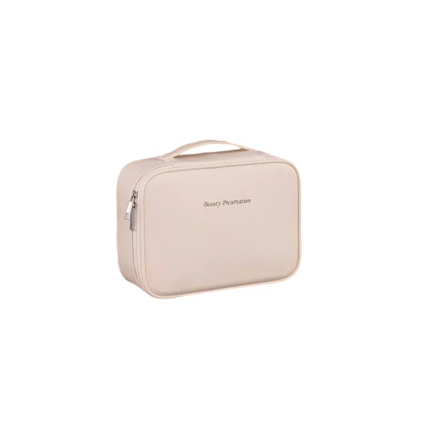 Trousse de toilette de luxe pour femme 24 x 17,5 x 9 cm, grande capacité, organiseur de voyage, trousse de toilette portable en PU, trousse de rangement pour maquillage beige