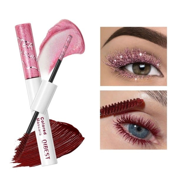 Třpytivá barevná prodlužující řasenka se dvěma kartáčky, 10 g, barevný pigment a třpytky pro výrazný kreativní make-up červená