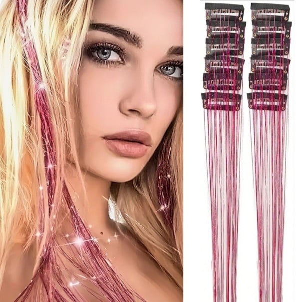 Třpytivé prameny do vlasů na sponkách 50 cm, sada 12 ks, clip-in tinsel pro zdobení účesu, lesklý vlasový doplněk pro dámy bordová