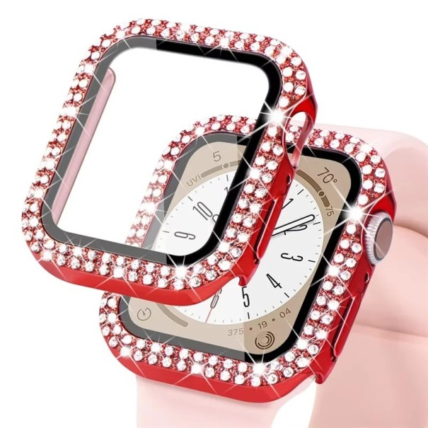 Třpytivý ochranný kryt pro Apple Watch 38 mm Tvrzené sklo + ochrana displeje Full frame pouzdro pro Apple Watch Series 1 2 3 iWatch červená