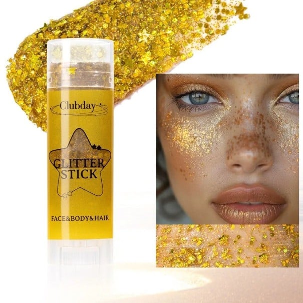 Třpytky v tyčince 6,7 x 2 cm Třpytivá tyčinka na obličej tělo i vlasy Rozjasňující kosmetické třpytky Jemný lesk make-up zlatá