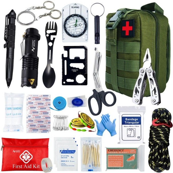 Trusă de prim ajutor pentru călătorie tactică Rucsac complet de prim ajutor medical Set de 24 de piese Rucsac impermeabil cu elemente reflectorizante în aer liber verde armată