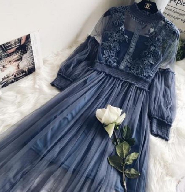 Tule jurk met kant donkerblauw