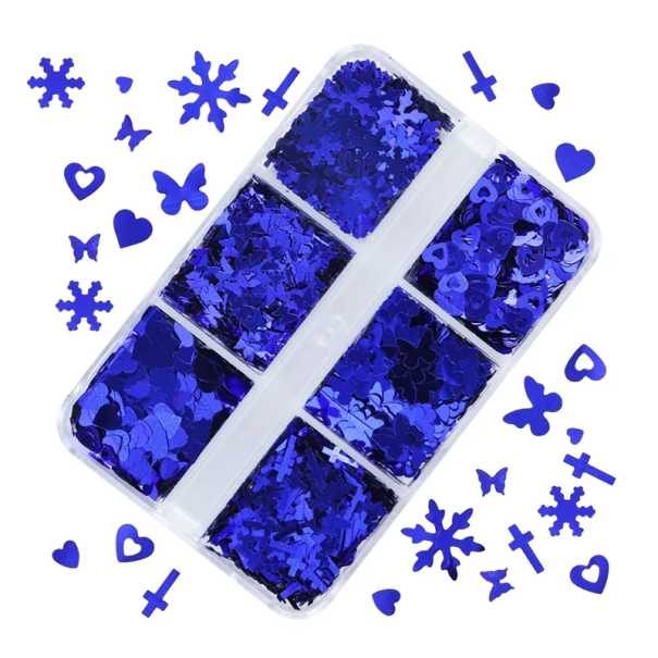 Tummansiniset glitterit 3-4 g Erilaisia muotoja 6 lokeroa sisältävä laatikko Koristeet kynsille Scrapbooking DIY askartelu 1