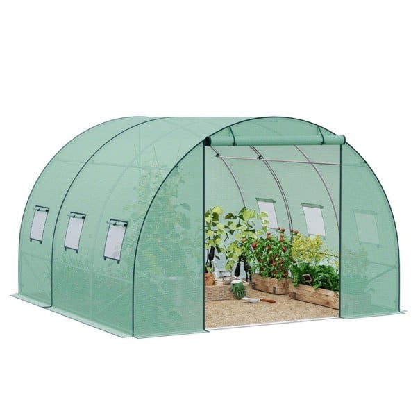 Tunelový skleník s dveřmi a okny rozměr 300 x 300 x 200 cm z ocelové trubky 19 mm a PE síťoviny 140 g/m² zelený na rajčata a zeleninu 1