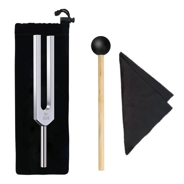 Tuner 528Hz in alluminio strumento di terapia sonora meditativa per la guarigione con vibrazioni con martello sacchetto di velluto e panno per la pulizia 1