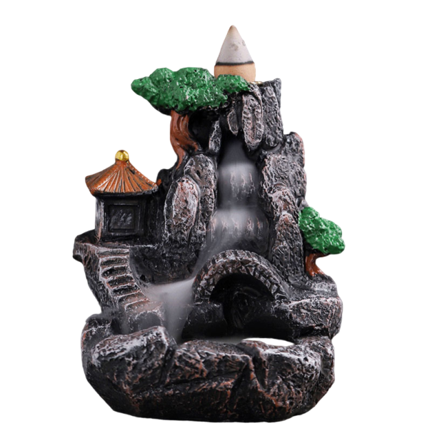 Tuoksulamppu virtaavalla savulla Pieni koriste savuvesiputouksella Suitsukekartioiden teline Suitsukeastia savustuslaitteella Tuoksutakka kivisillan motiivilla 10 x 8,5 x 11,5 cm 1