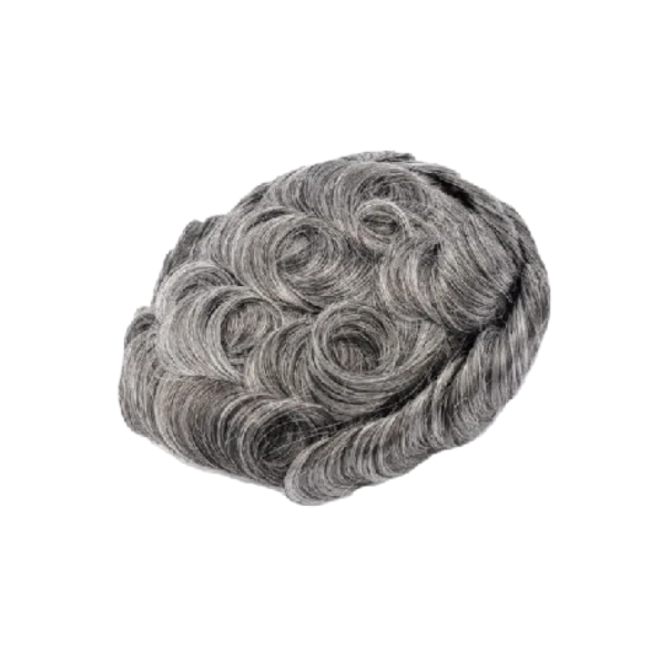Tupé i vlasový systém Vlnité vlasy a hustota 130 % Rozměr 20,3 x 25,4 cm Injektovaná kůže 0,12–0,14 mm Šedivý tón Vlasová náhrada 1