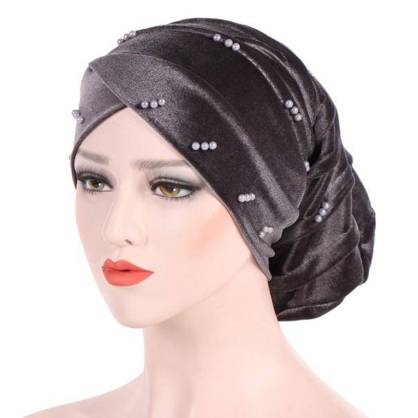 Turban damski z koralikami szary