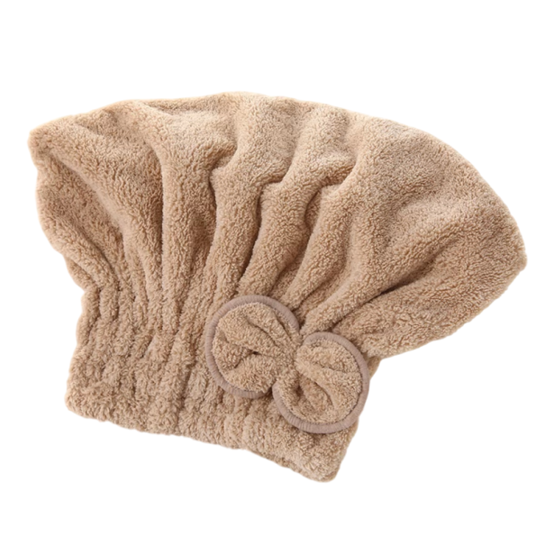 Turban na vlasy s mašľou savý ručník 24 x 16 x 28 cm z mikrovlákna zábal hlavy pre sušenie dlhých a kučeravých vlasov doma aj na cestách hnedá