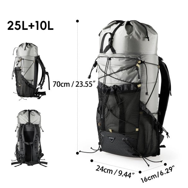 Turistický batoh 25 + 10 l Ultralehký s bederním pásem a síťovanými kapsami 53 x 28 x 8 cm Šedo-černá Unisex Na turistiku a horolezectví 1